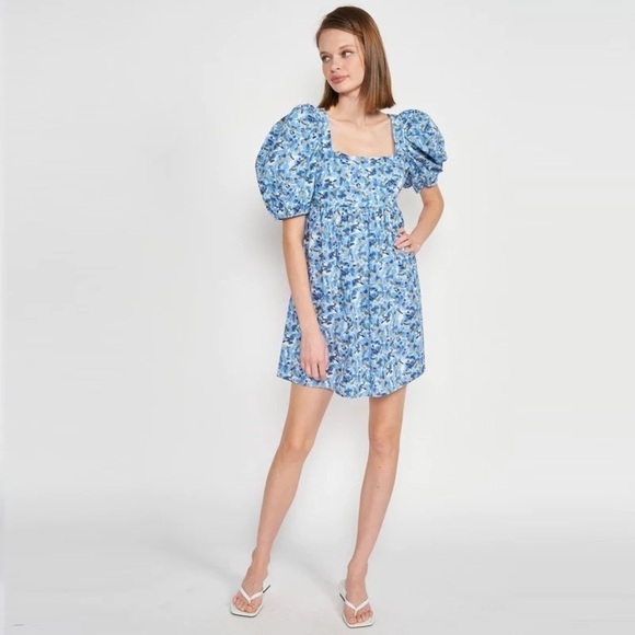 Jacquie The Label Watercolor Floral Print Puff Sleeve Tie Back Babydoll Dress - Picture 4 of 15